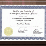 California Society of Municipal Finance Officers Award - Operating Budget Excellence Award FY 2011