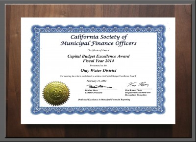 California Society of Municipal Finance Officers Award - Capital Budget Excellence Award FY 2014