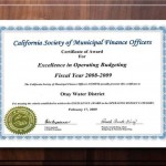 California Society of Municipal Finance Officers Award - Operating Budget Excellence Award FY 2008-2009