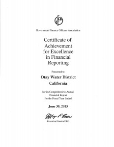 GFOA Award - Certificate of Achievement for Excellence in Financial Reporting FY 2015