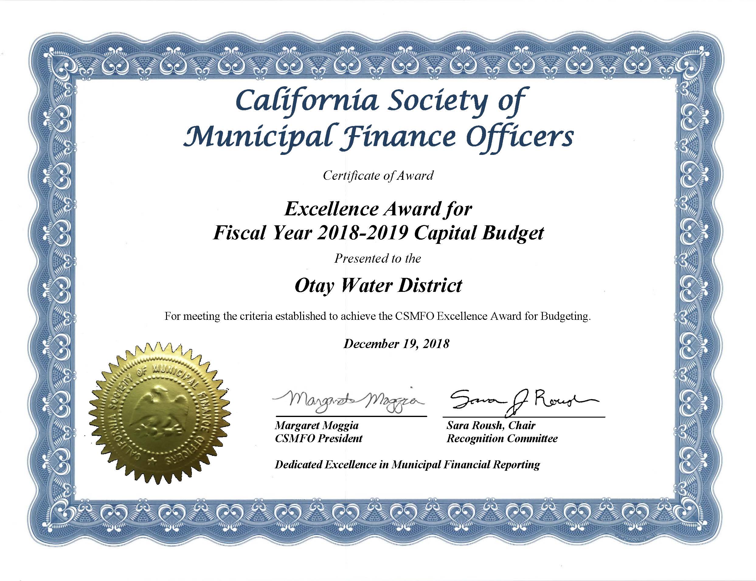 California Society of Municipal Finance Officers Award - Excellence in Capital Budgeting FY 2018-2019