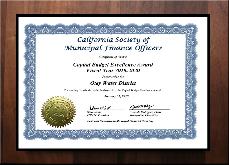 California Society of Municipal Finance Officers Award - Capital Budget Excellence Award FY 2019-2020