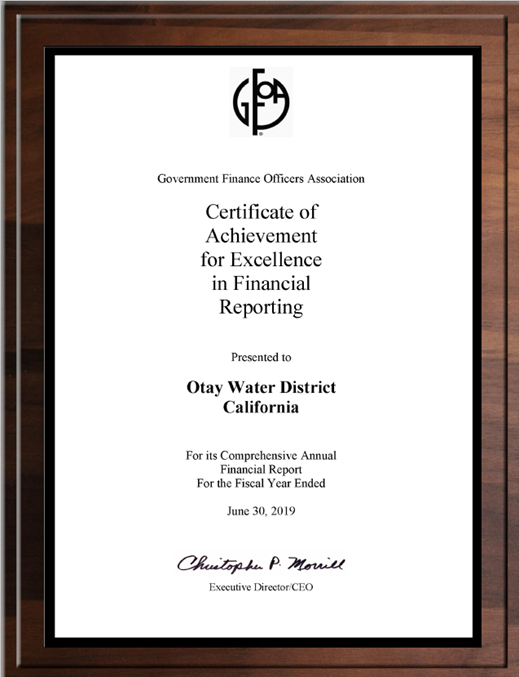 GFOA Award - Excellence in Financial Reporting FY 2019