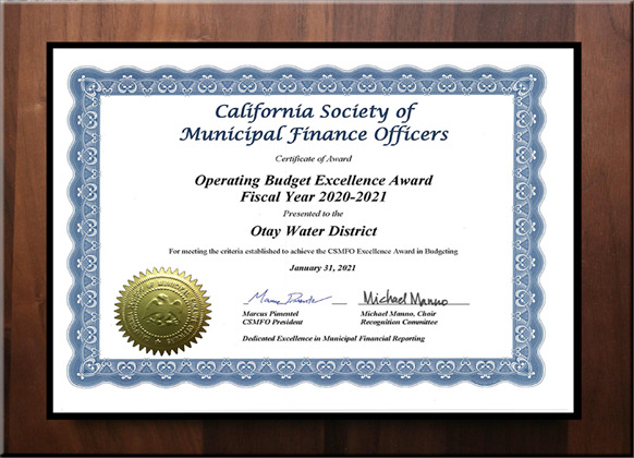 California Society of Municipal Finance Officers Award - Operating Budget Excellence Award FY 2020-2021
