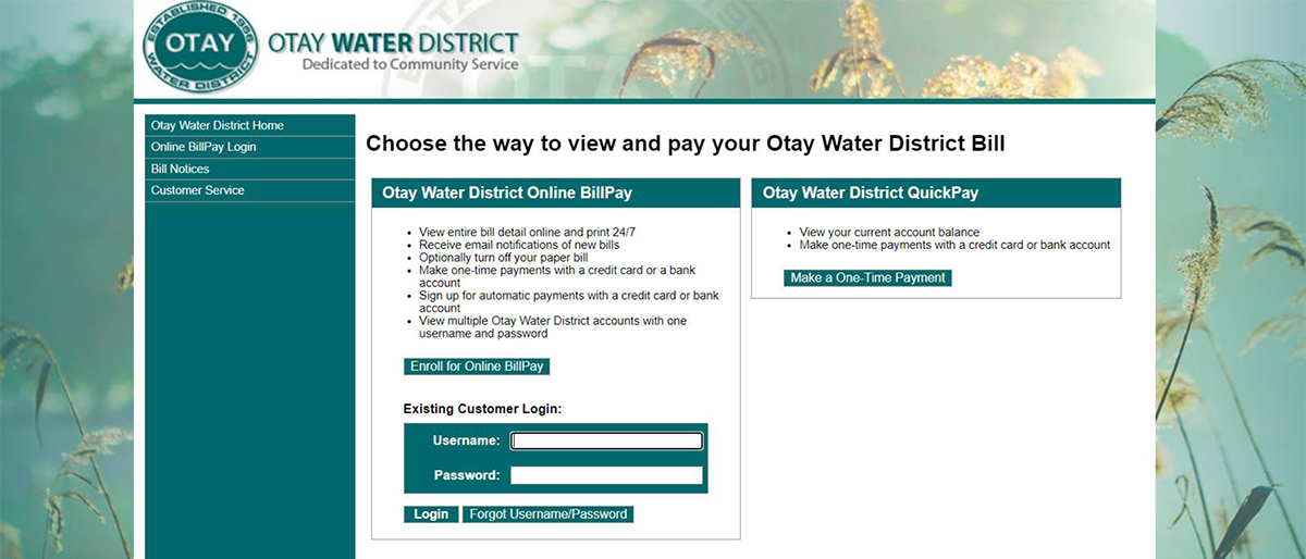Image of the Otay Water District's Online BillPay Portal.
