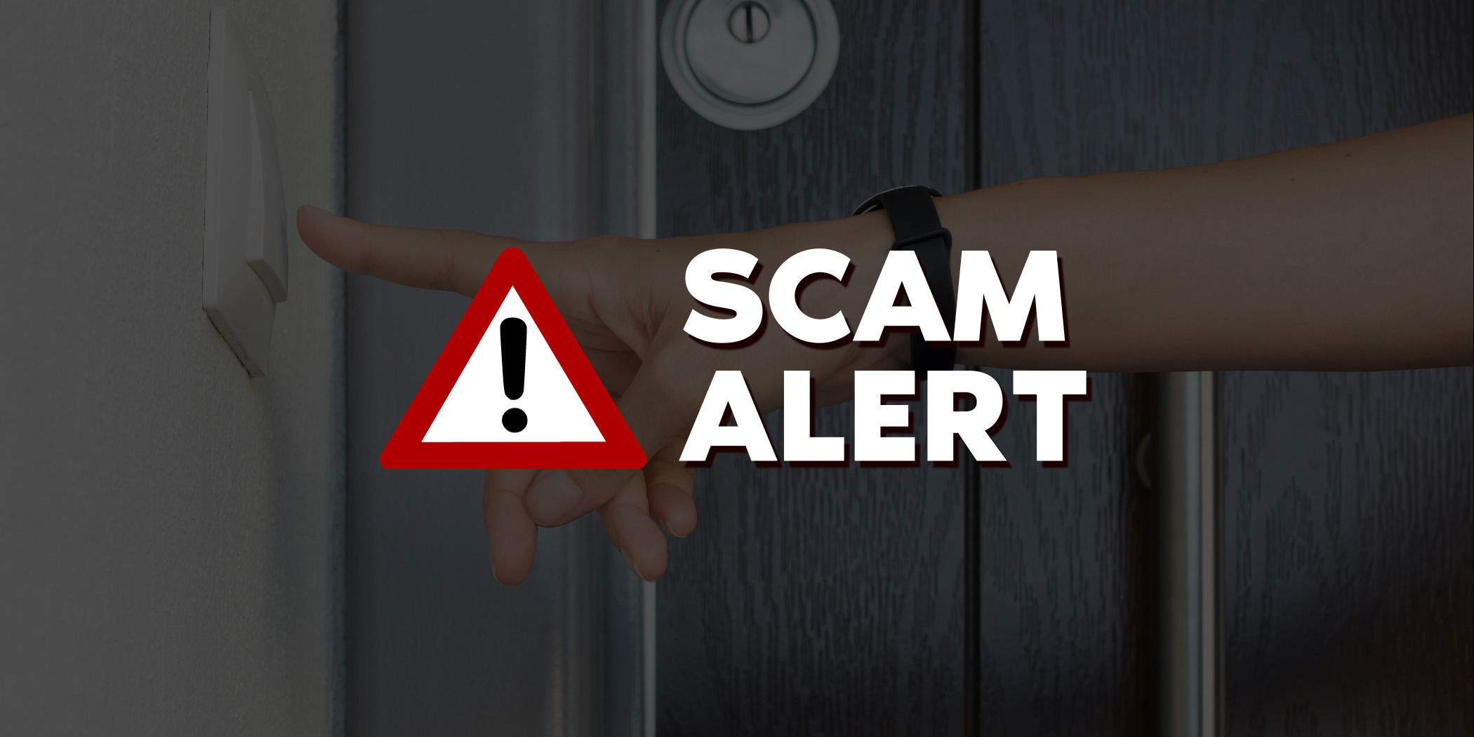 Graphic with image of a hand ringing a doorbell with "Scam Alert"